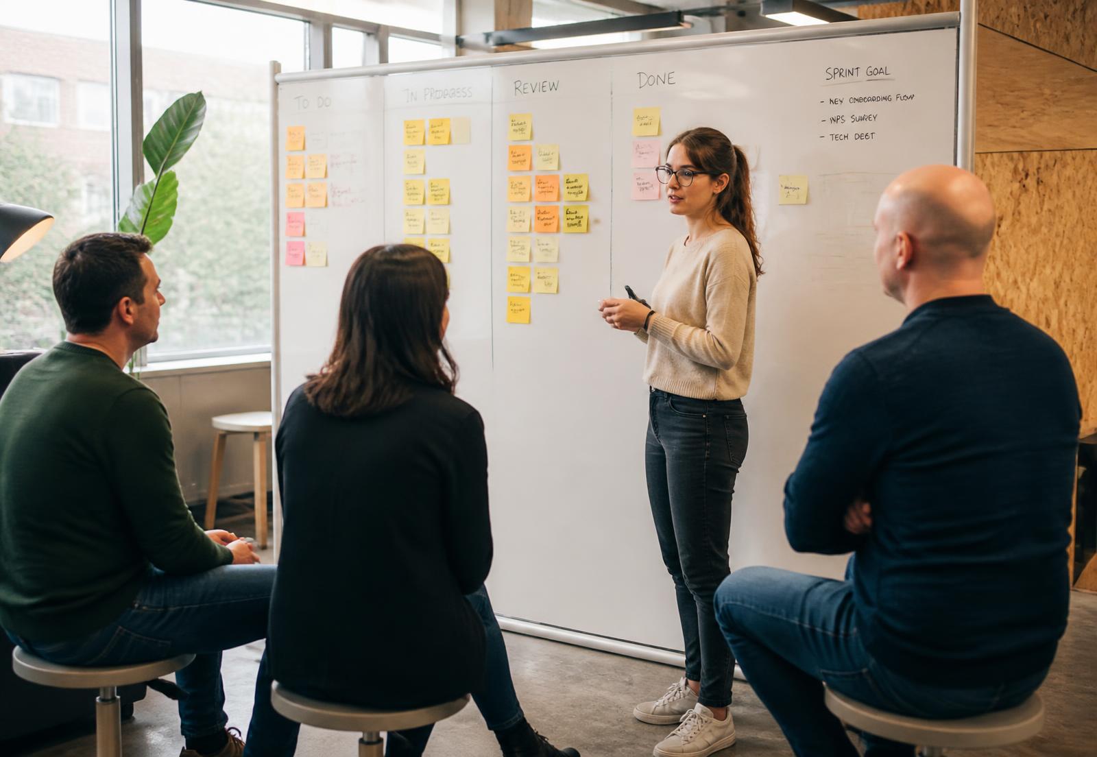 Scrum Master faciliteert een sprint planning met haar team